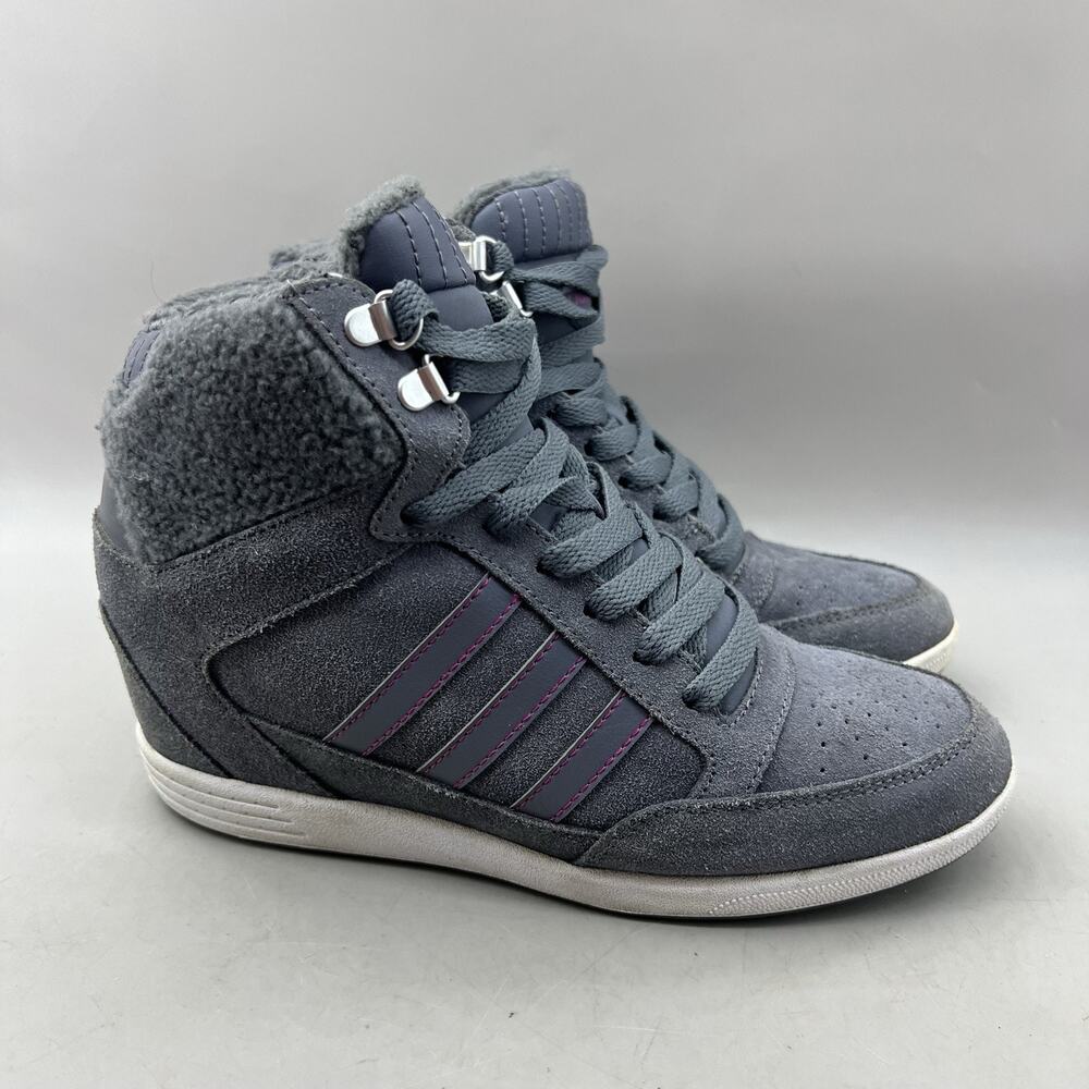 Adidas Neo Super Wedge High Top Shoes Women Size 7.5 Gray Suede Comfort Sneakers